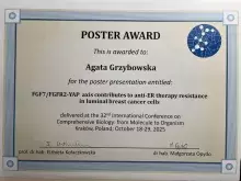 Dyplom dla mgr Agaty Grzybowskiej za poster