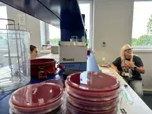 Studenci podczas wizyty studyjnej w firmie GRASO Biotech, zapoznający się z działalnością przedsiębiorstwa i jego zapleczem laboratoryjnym.