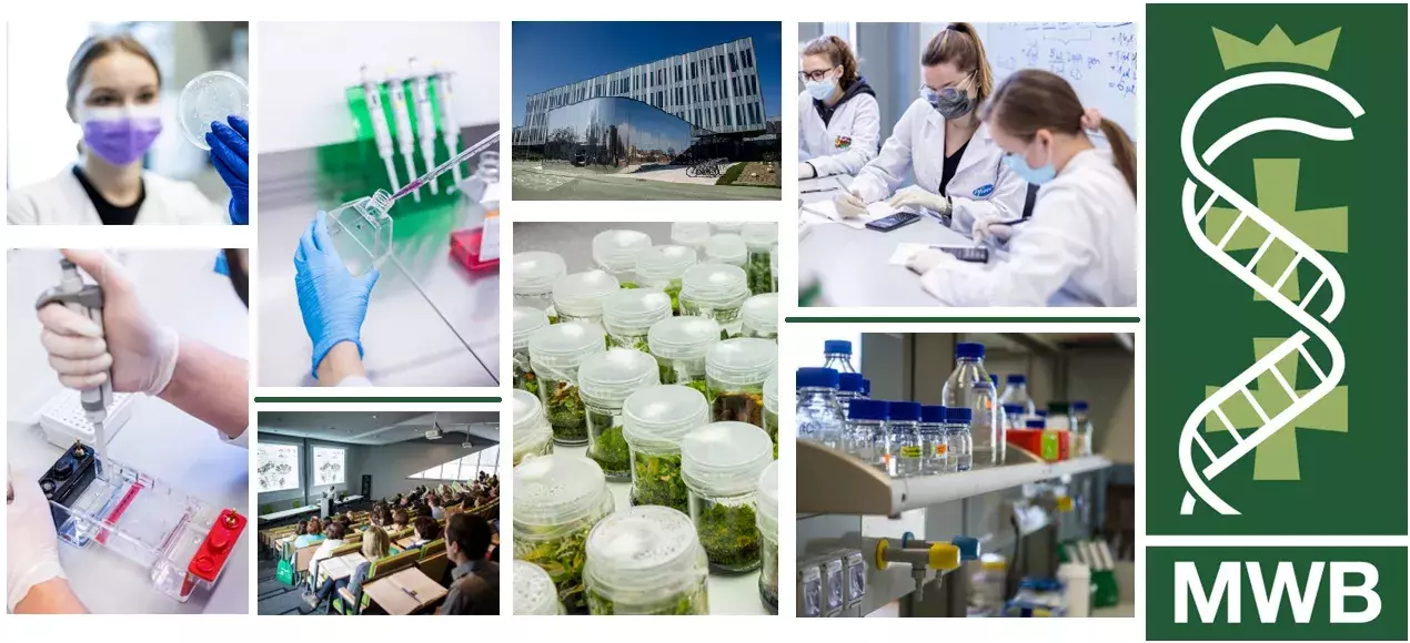 Plakat przedstawiający różne zdjęcia z Międzyuczelnianego Wydziału Biotechnologii - migawki z życia wydziału: laboratoria, sala wykładowa, budynek i logo MWB