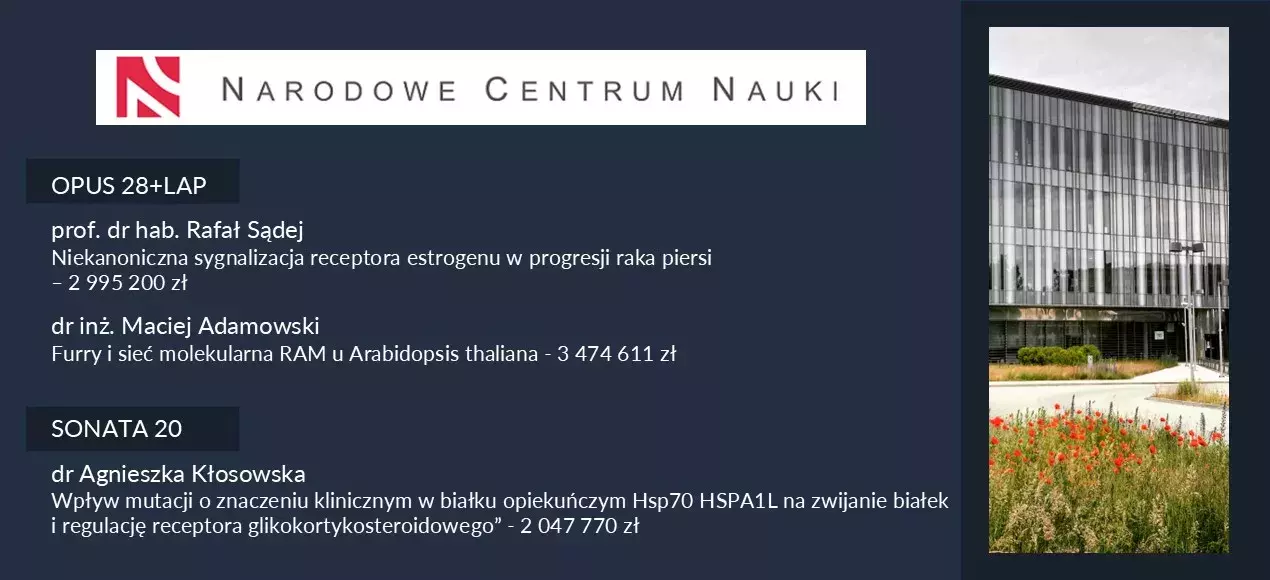 Grafika informująca o projektach badawczych finansowanych przez Narodowe Centrum Nauki. Wymienieni naukowcy: prof. dr hab. Rafał Sądej, dr inż. Maciej Adamowski i dr Agnieszka Kłosowska. Widoczny logotyp NCN oraz nowoczesny budynek MWB